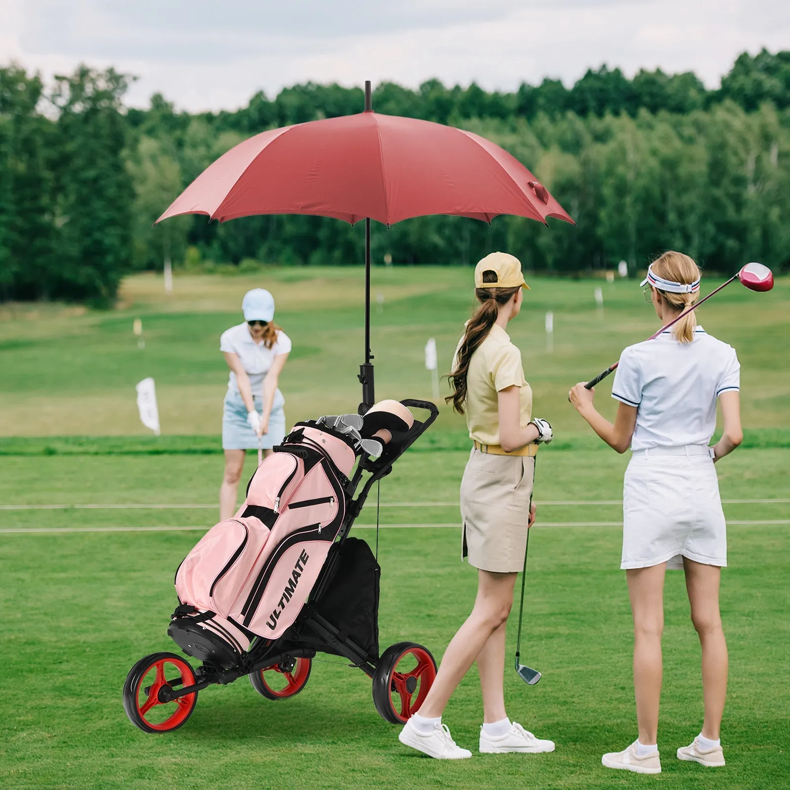 3 Wheel Golf Push Pull Cart with Adjustable Height Handle-Red