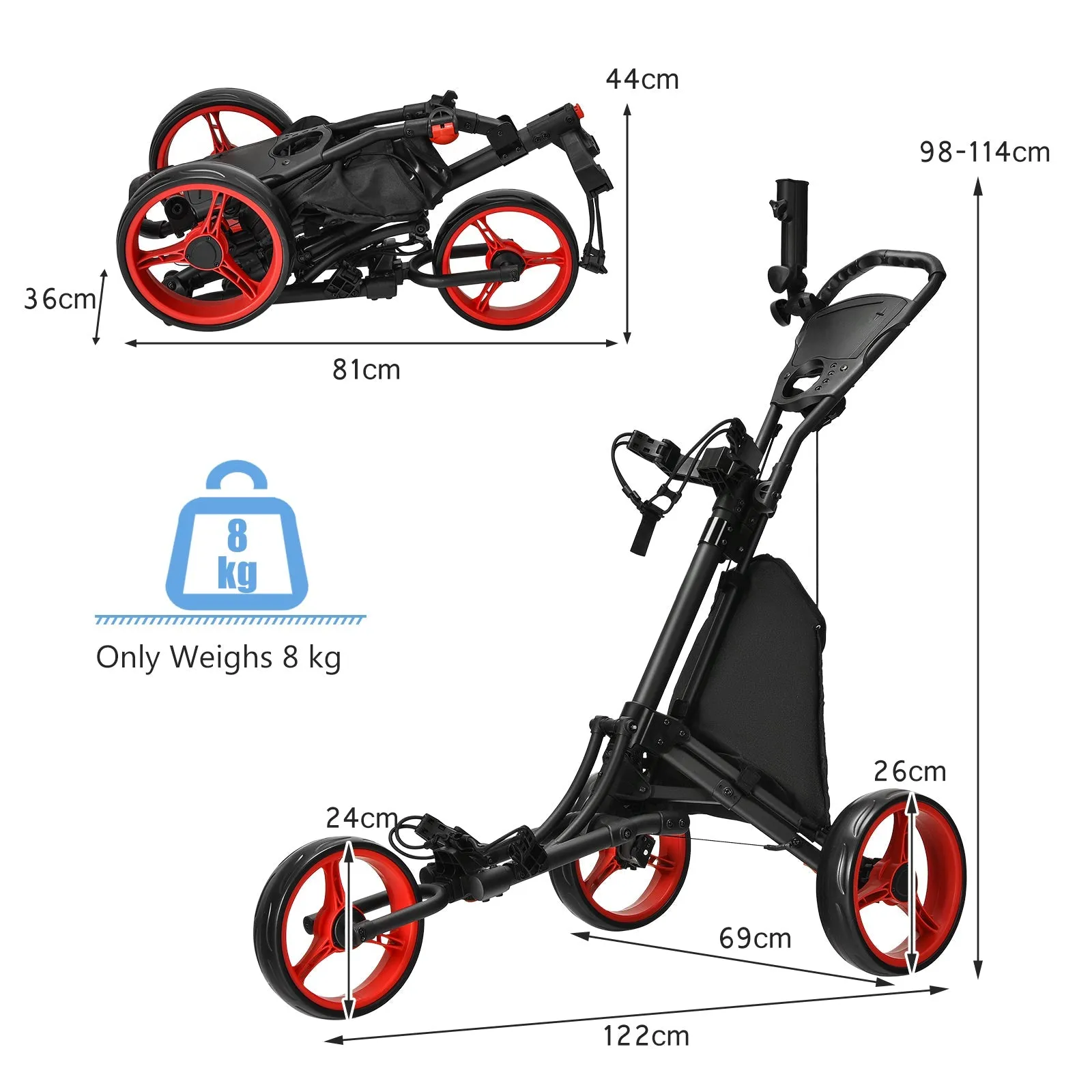 3 Wheel Golf Push Pull Cart with Adjustable Height Handle-Red