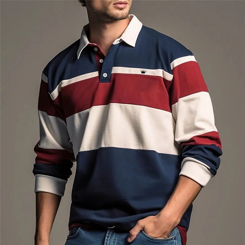 3D Stripe Men's Long Sleeve Polo Shirt - Casual Navy Streetwear for Fall & Winter