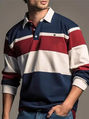 3D Stripe Men's Long Sleeve Polo Shirt - Casual Navy Streetwear for Fall & Winter