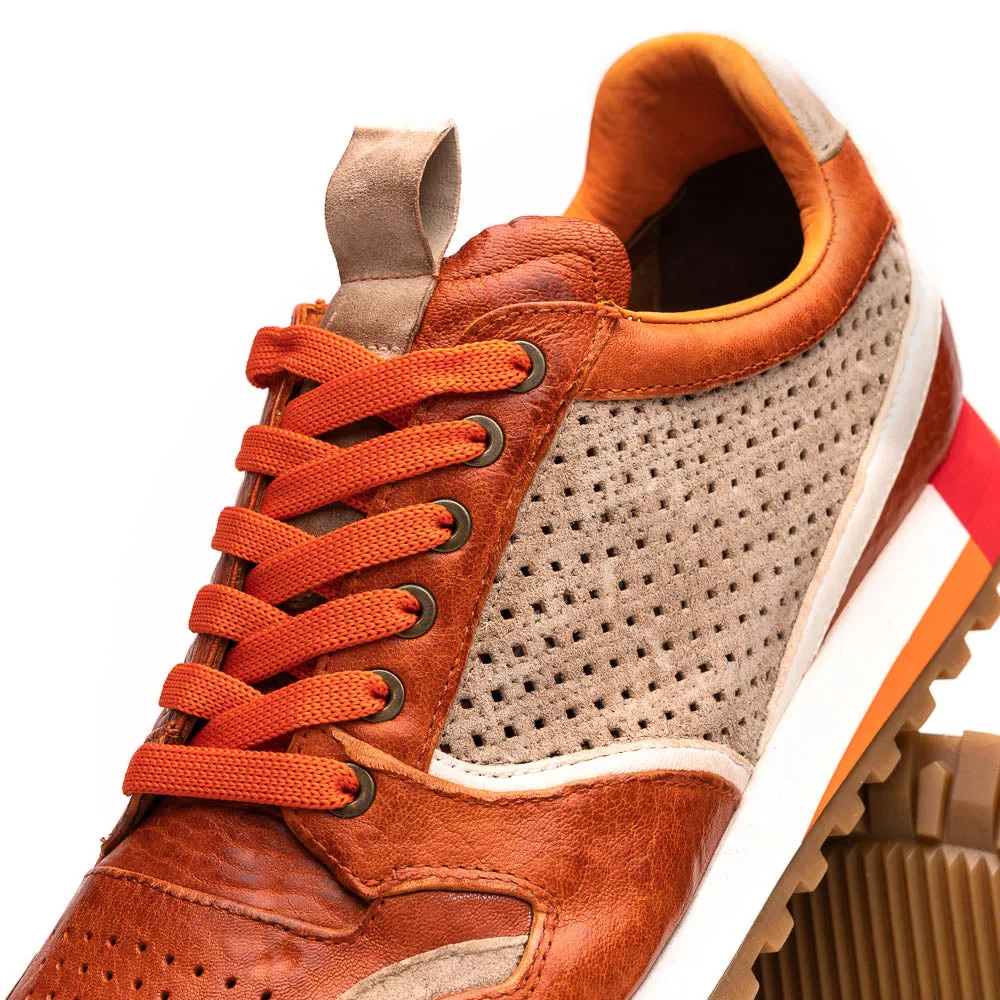 65-224-ONG MATTEO Italian Calf and Suede Perforated Sneakers, Burnt Orange