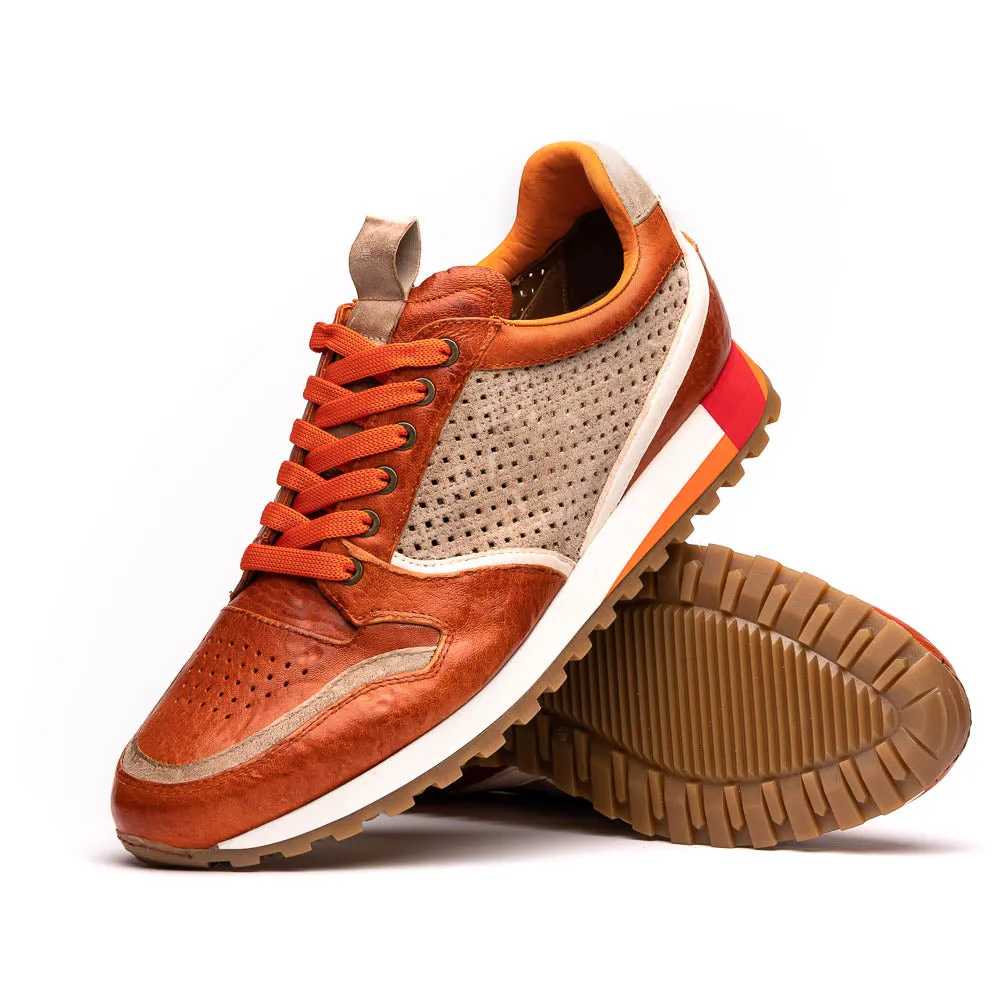 65-224-ONG MATTEO Italian Calf and Suede Perforated Sneakers, Burnt Orange