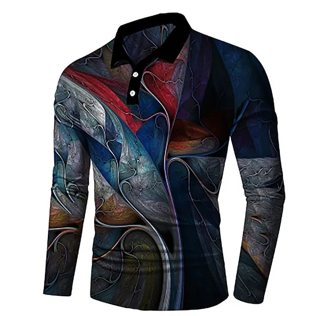 Abstract Navy Blue 3D Print Polo Shirt - Men's Long Sleeve Golf Apparel for Outdoor Comfort