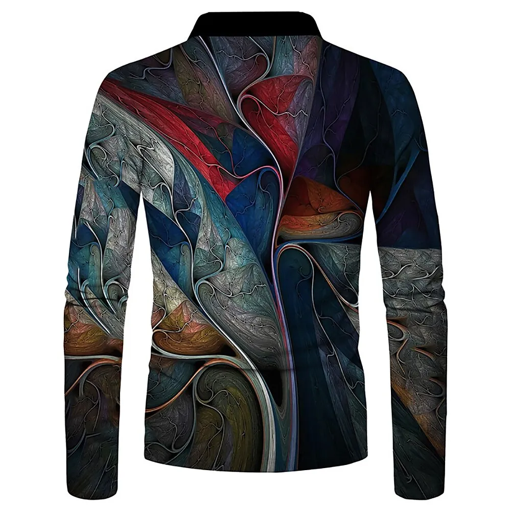 Abstract Navy Blue 3D Print Polo Shirt - Men's Long Sleeve Golf Apparel for Outdoor Comfort