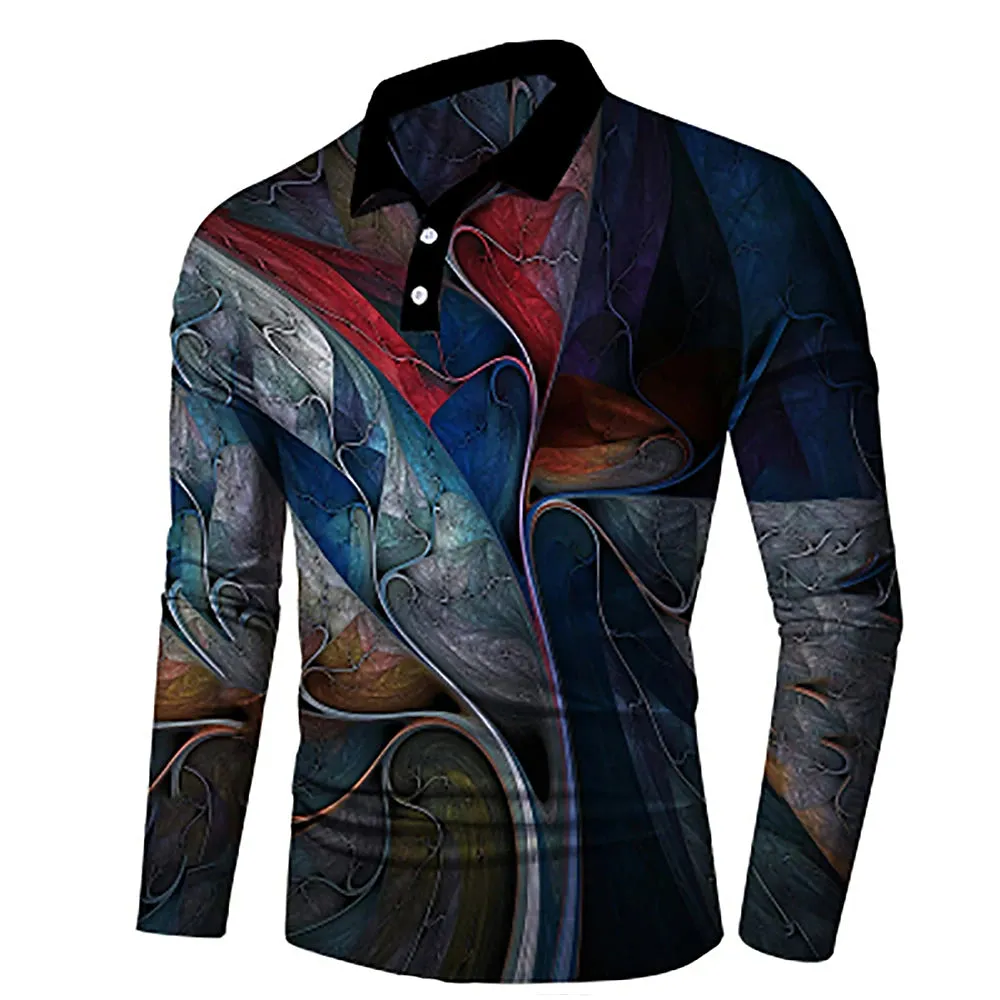 Abstract Navy Blue 3D Print Polo Shirt - Men's Long Sleeve Golf Apparel for Outdoor Comfort