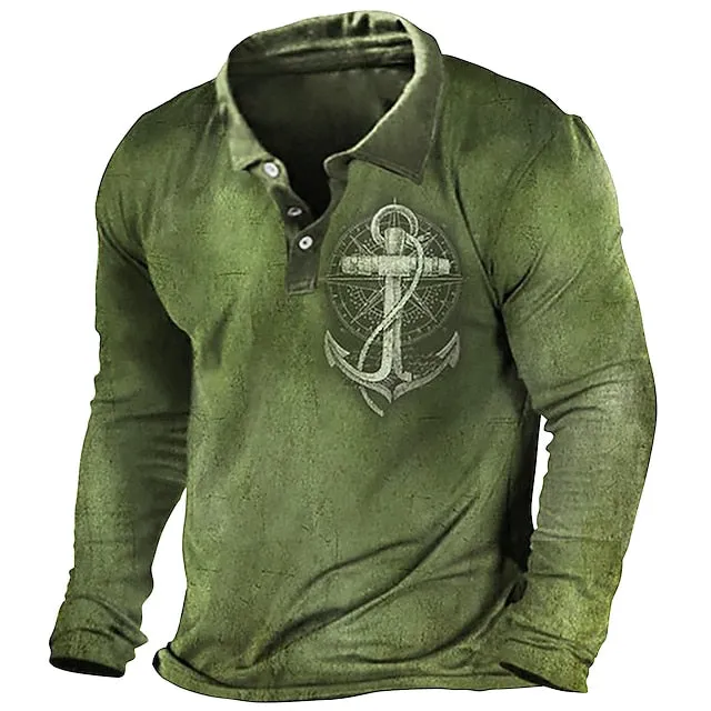 Anchor Print Men's Long Sleeve Polo Shirt - Wine/Yellow/Army Green - Designer Streetwear