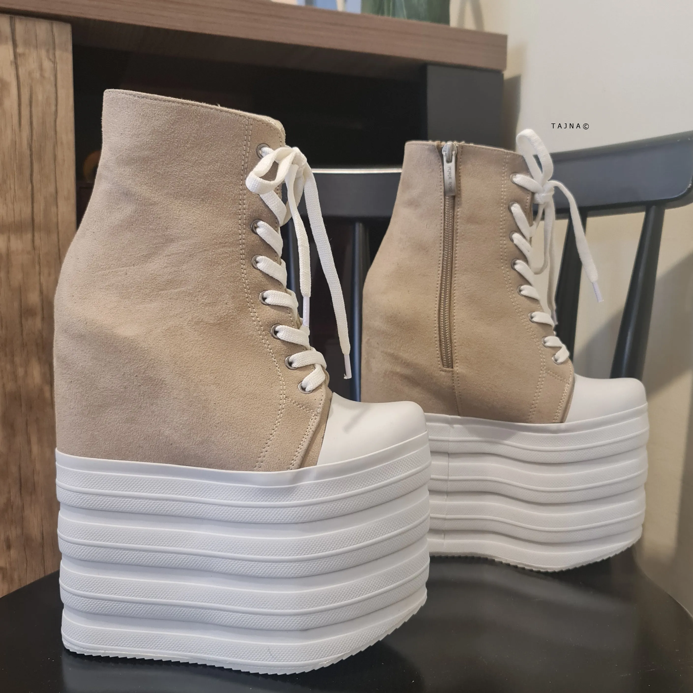 Beige Hidden Platform Sport Lace Up Wedges