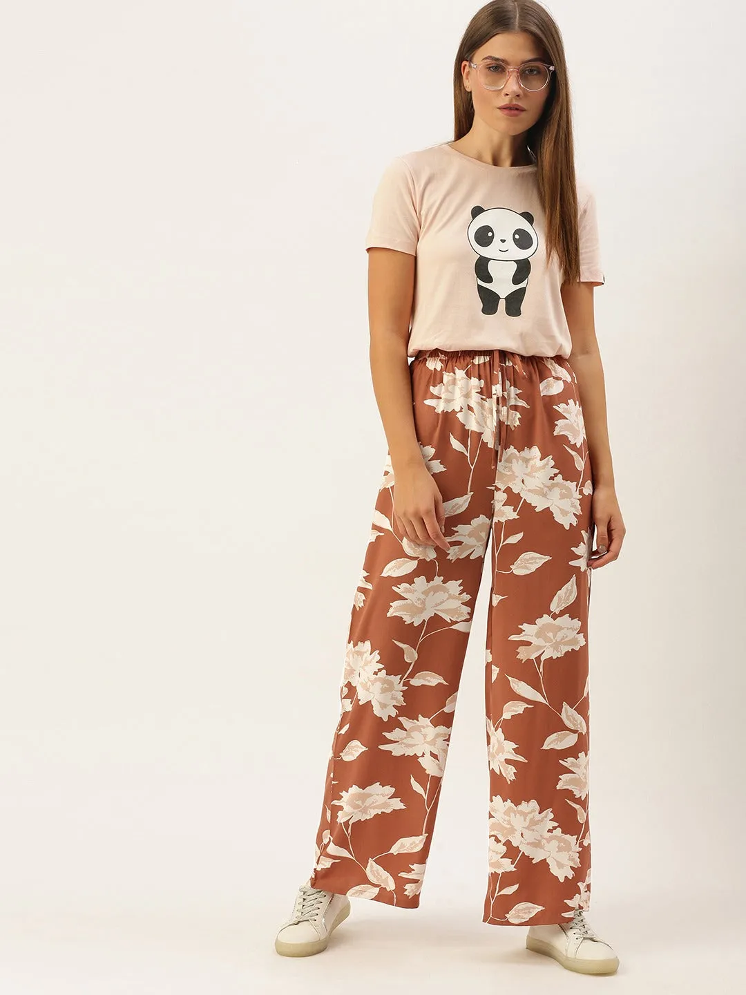 Berrylush Women Brown & White Floral Print Tie-Up Waist High-Rise Wide Leg Trousers