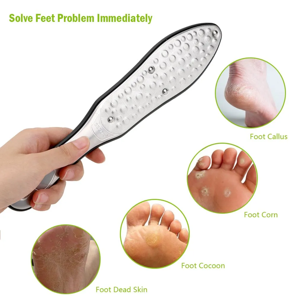 BEZOX Professional Foot File Callus Remover, Double Sided Foot Scrubber for Cracked Heel and Foot Dead Skin - Heavy Duty Stainless Steel Pedicure Tool - W/Cloth Storage Bag & Gift Box Metal Foot File Silver