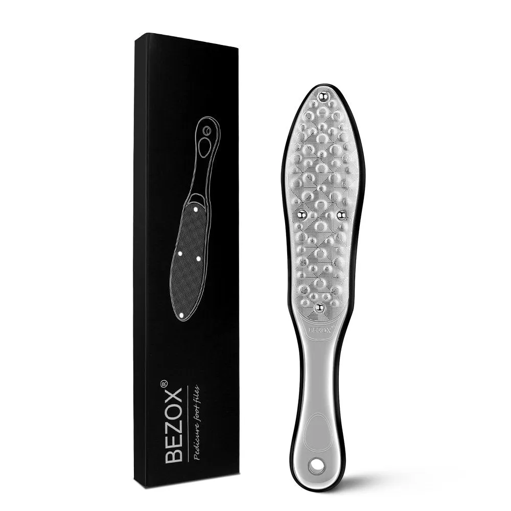 BEZOX Professional Foot File Callus Remover, Double Sided Foot Scrubber for Cracked Heel and Foot Dead Skin - Heavy Duty Stainless Steel Pedicure Tool - W/Cloth Storage Bag & Gift Box Metal Foot File Silver