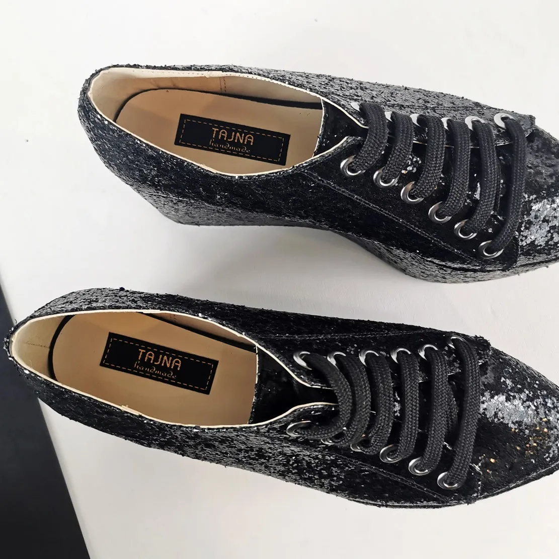 Black Glitter Sneakers Wedge Platform Shoes