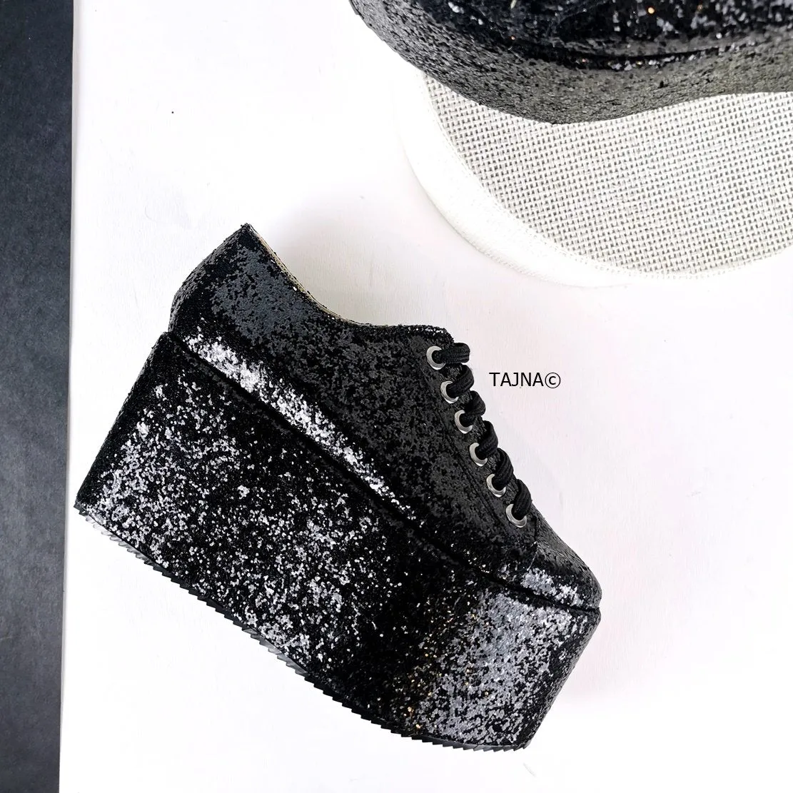 Black Glitter Sneakers Wedge Platform Shoes