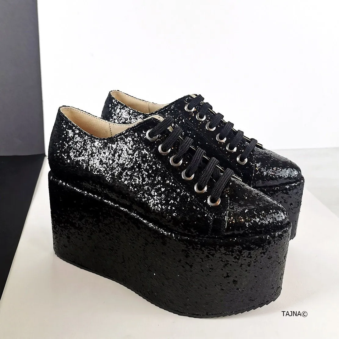 Black Glitter Sneakers Wedge Platform Shoes