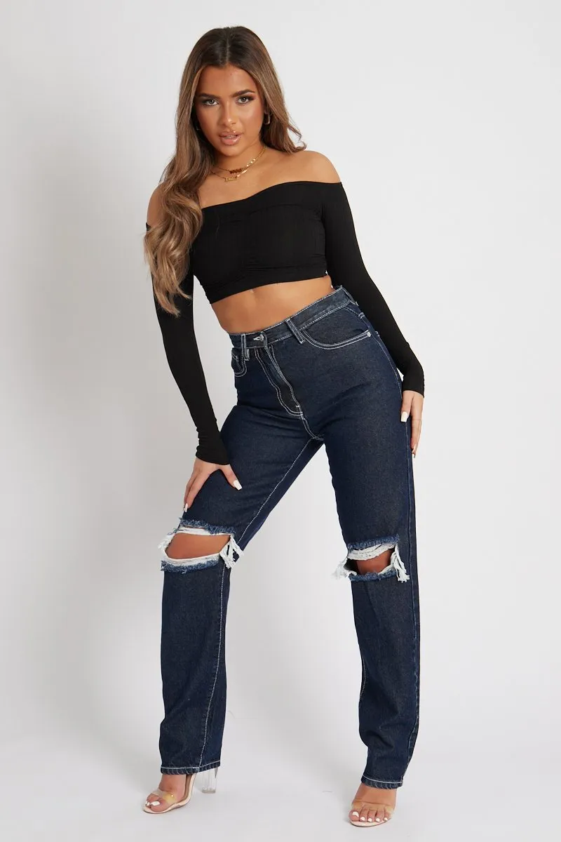 Black Off the Shoulder Long Sleeve Ruched Crop Top - Kali