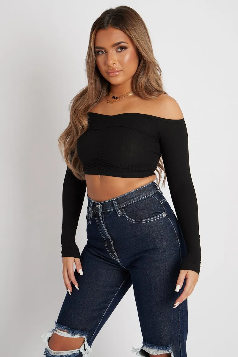 Black Off the Shoulder Long Sleeve Ruched Crop Top - Kali