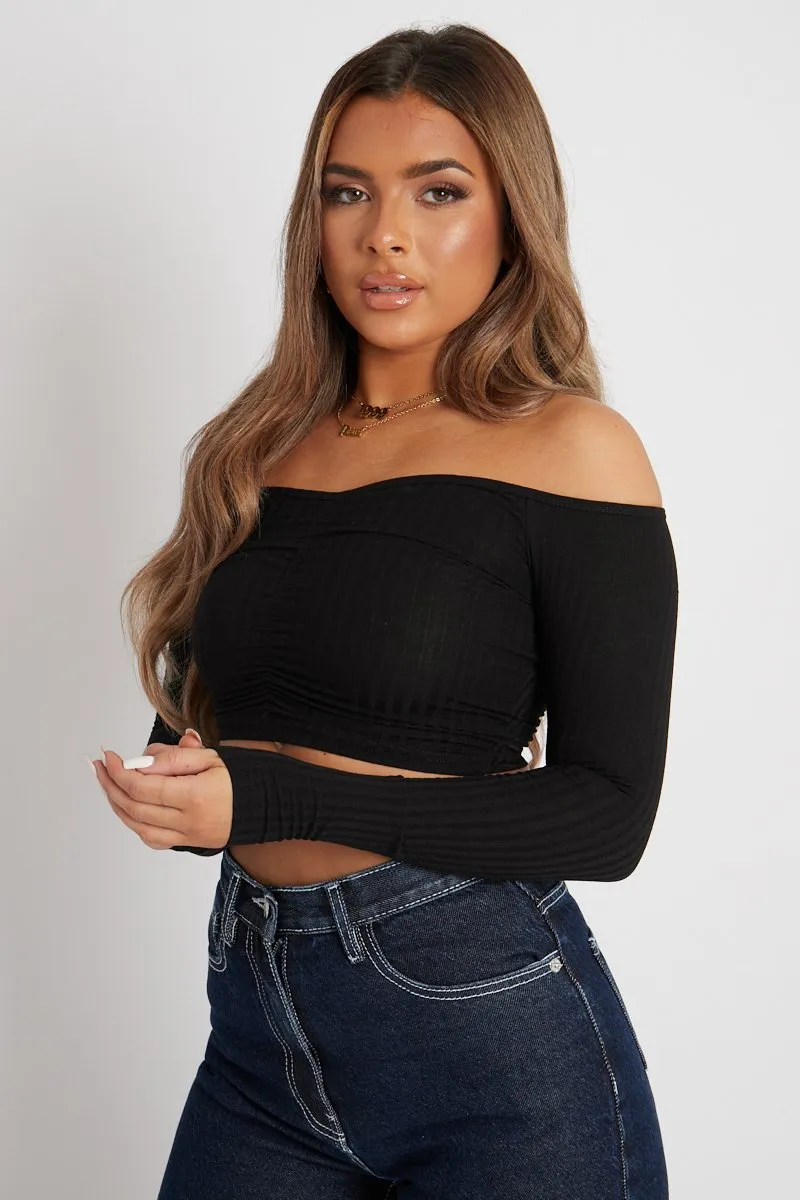 Black Off the Shoulder Long Sleeve Ruched Crop Top - Kali