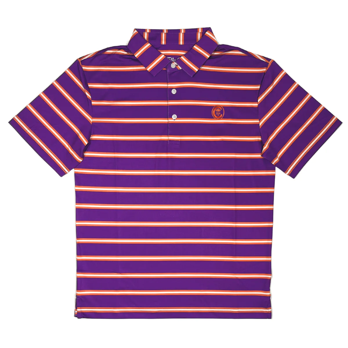 Clemson Ring Crest Polo in Purple with Orange Stripes