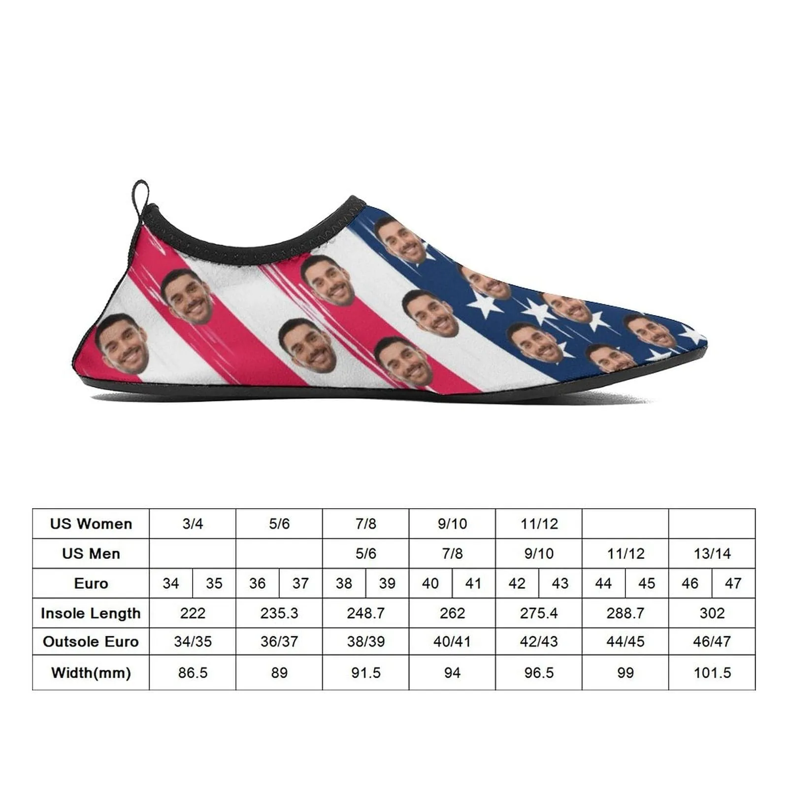 Custom Face American Flag Diving Shoes Slip-on for sport Quick-Dry  Beach Swimming Shoes Aqua Shoes Barefoot Shoes Outdoor Water Shoes