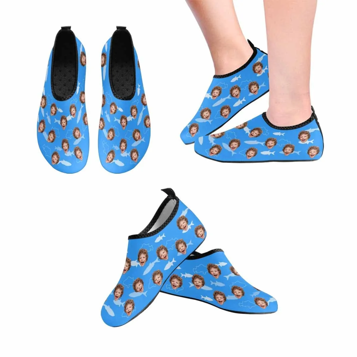 Custom Face Blue Fish Kids Diving Shoes Slip-on for sport Quick-DryBeach Swimming Shoes Aqua Shoes Barefoot Shoes Outdoor Water Shoes