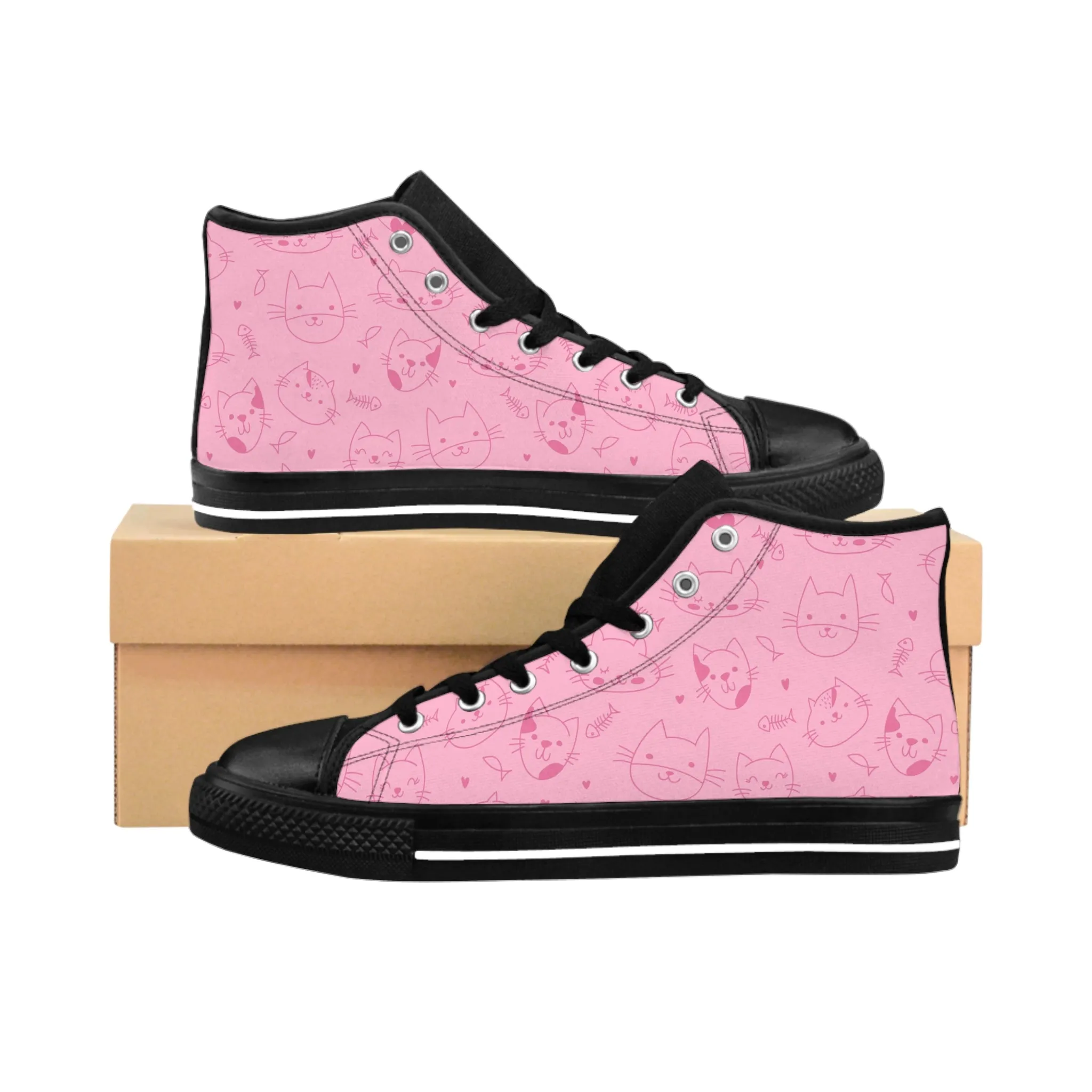 Cute Pink Kitty and Fish Bones Women's Classic Sneakers