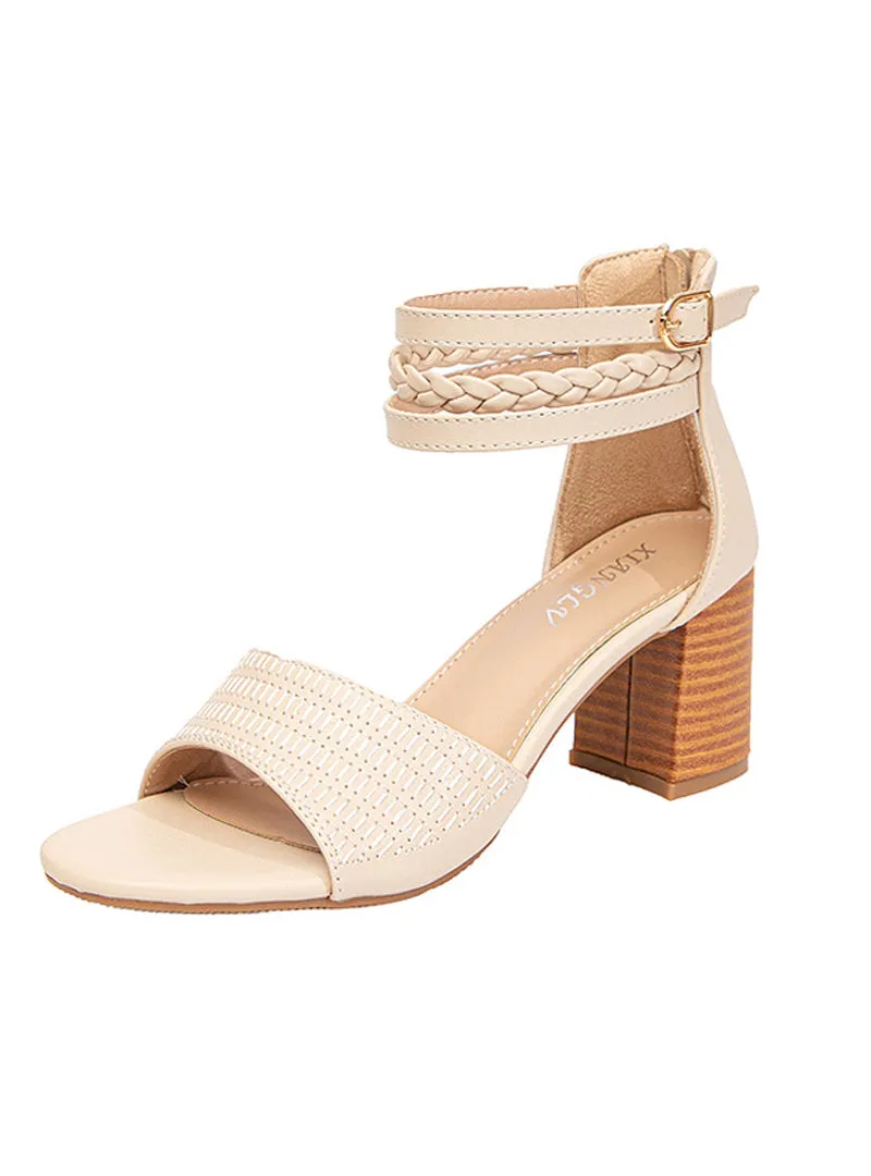 Fishbone Thick Heel Shoes Woven High Heel Sandals