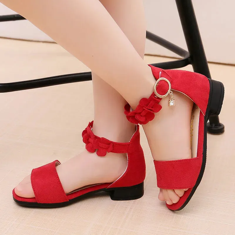 Girls summer high-heeled sandals 2022 new Korean version children's students flat black princess sandals 5 6 7 8 9 10 11 12 year