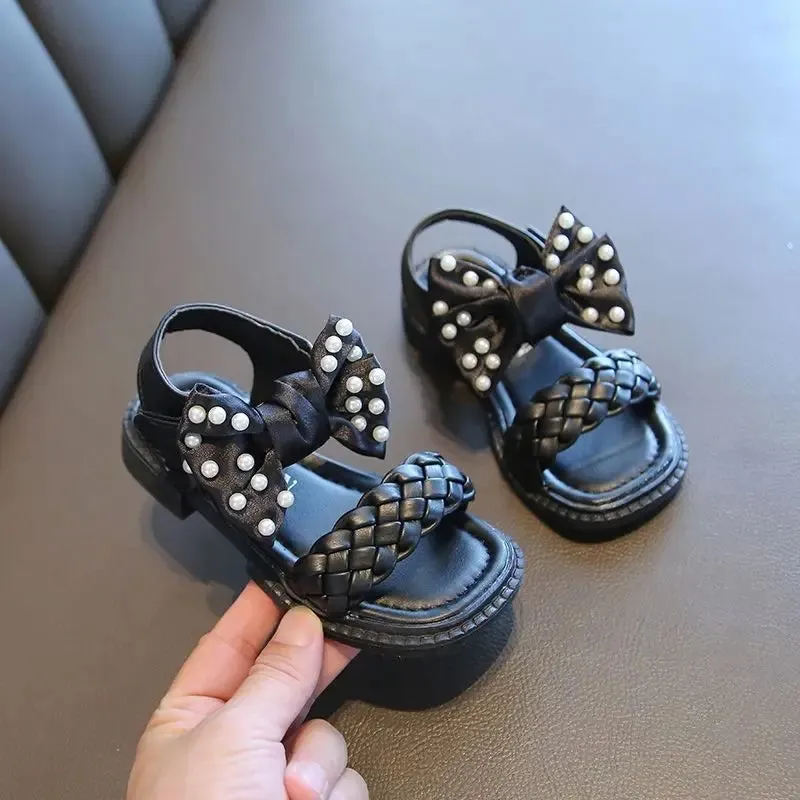 Girls summer high-heeled sandals 2022 new Korean version children's students flat black princess sandals 5 6 7 8 9 10 11 12 year