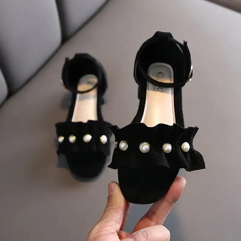 Girls summer high-heeled sandals 2022 new Korean version children's students flat black princess sandals 5 6 7 8 9 10 11 12 year