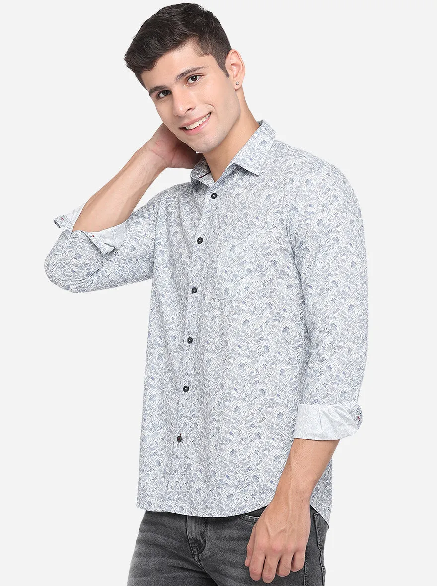 Grey & Blue Printed Slim Fit Semi Casual Shirt | JadeBlue