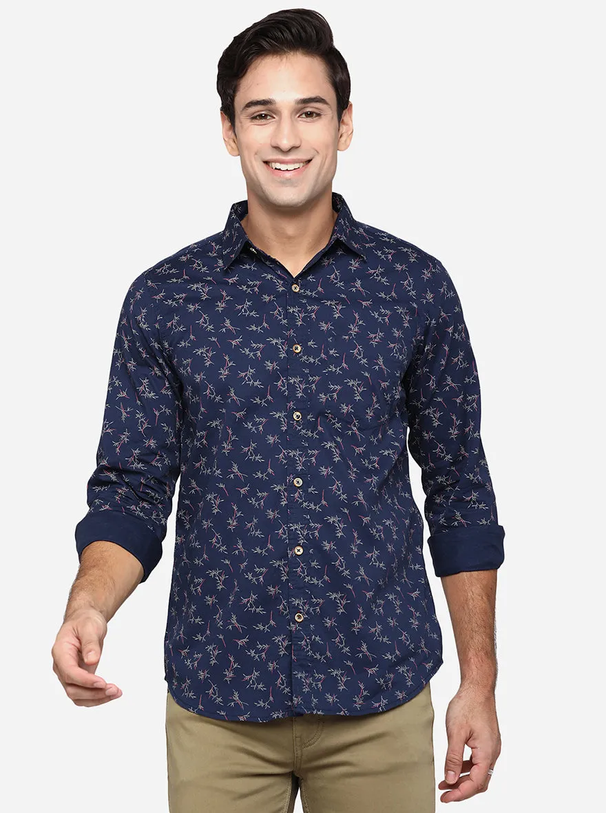 Indigo Blue Printed Slim Fit Semi Casual Shirt | JadeBlue