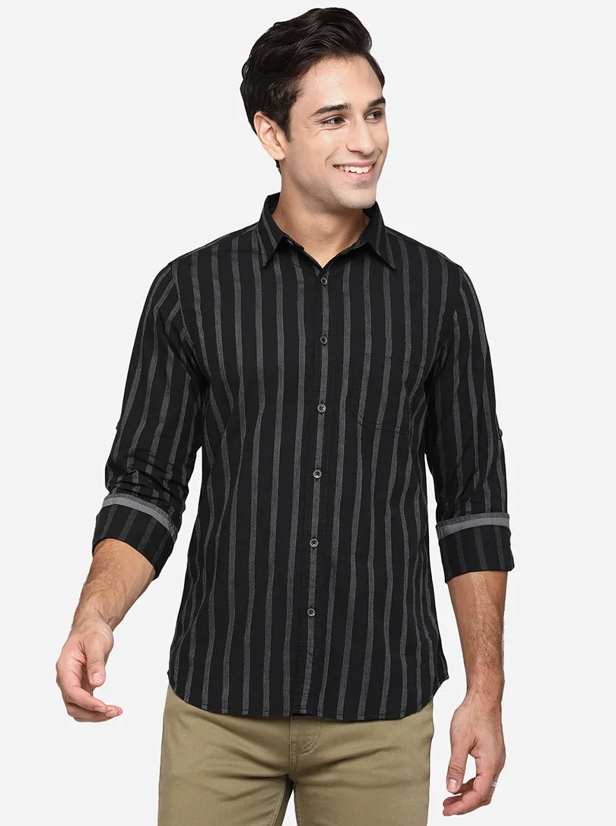 Jet Black Striped Slim Fit Semi Casual Shirt | JadeBlue