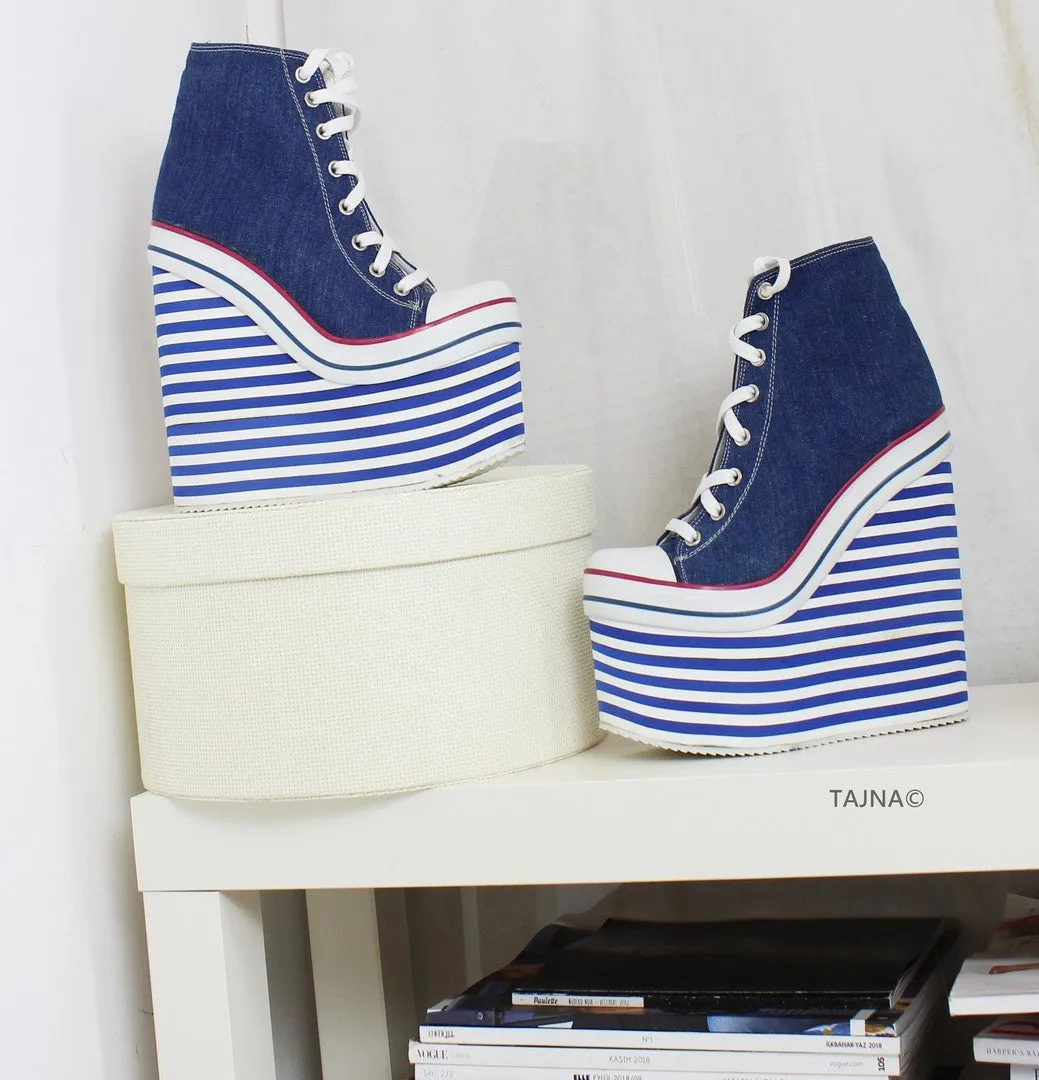 Lace Up High Heel Sport Jean Wedges