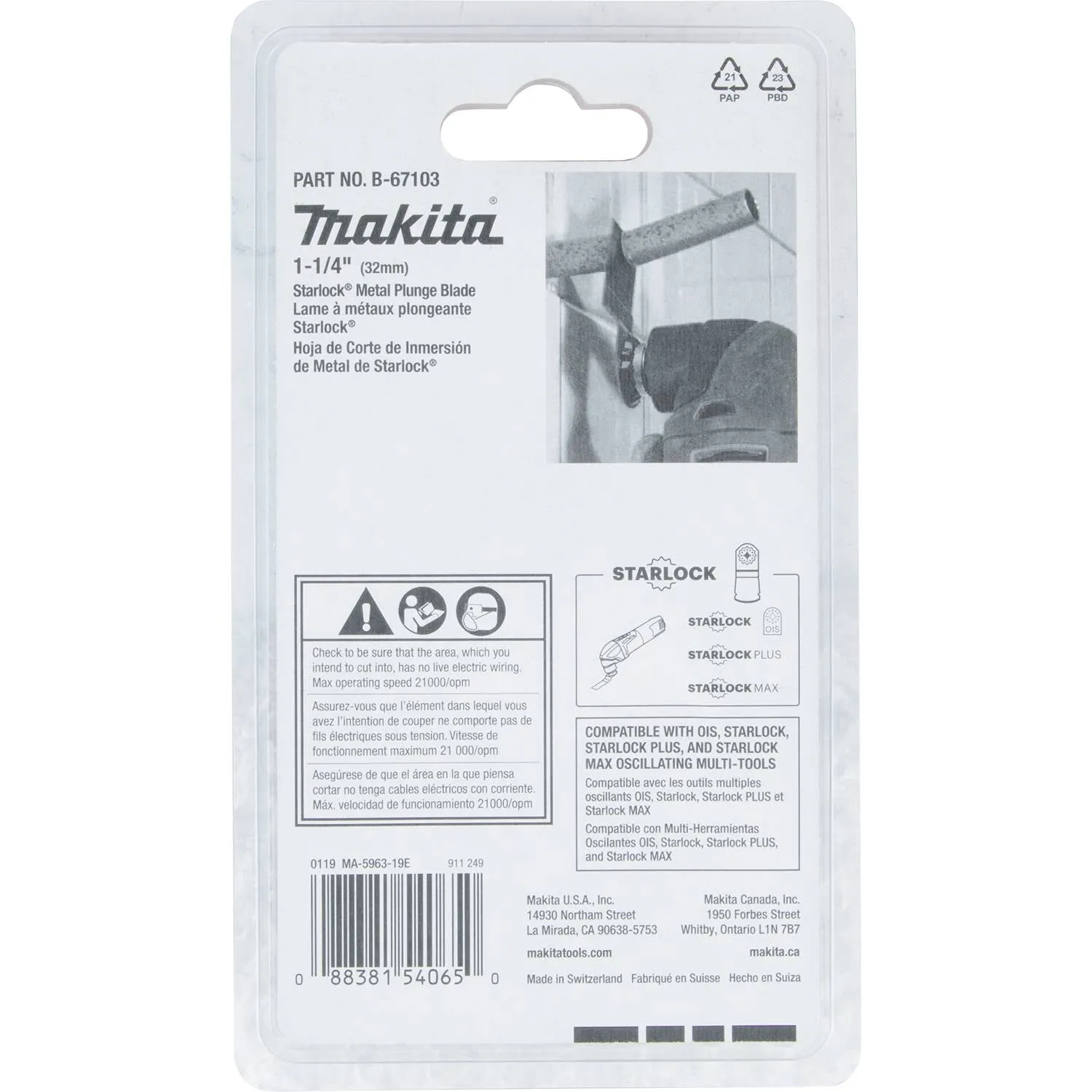 Makita (B-67103) Starlock® Oscillating Multi-Tool 1-1/4" Bi-Metal Plunge Cut Blade for Metal Cutting