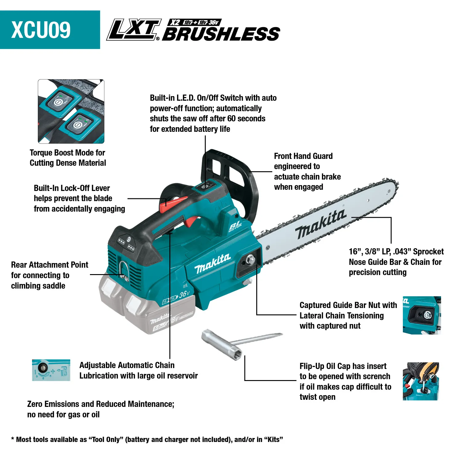 Makita (XCU09Z) 36V (18V X2) LXT® Brushless 16" Top Handle Chain Saw, (Tool Only)