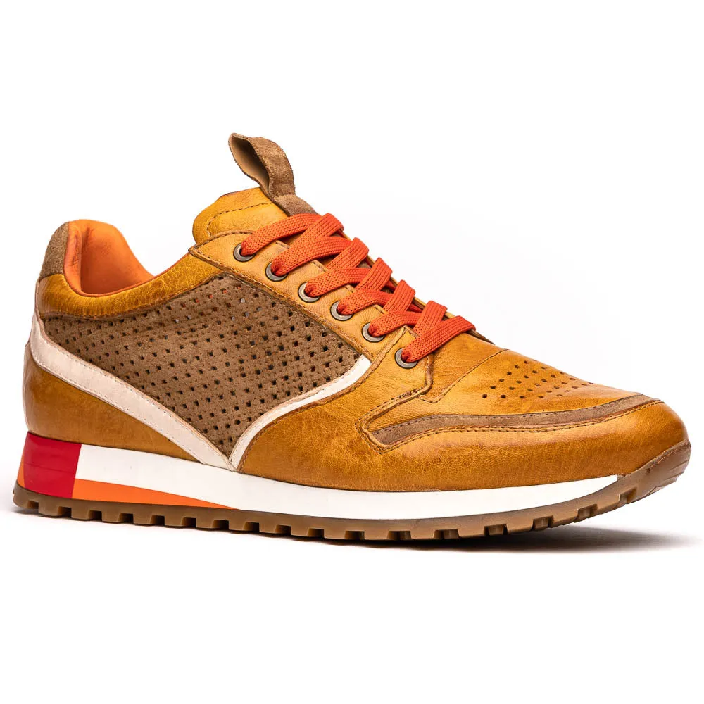 Matteo Distressed Italian Calf & Suede Perforated Sneaker in Mustard by Zelli Italia