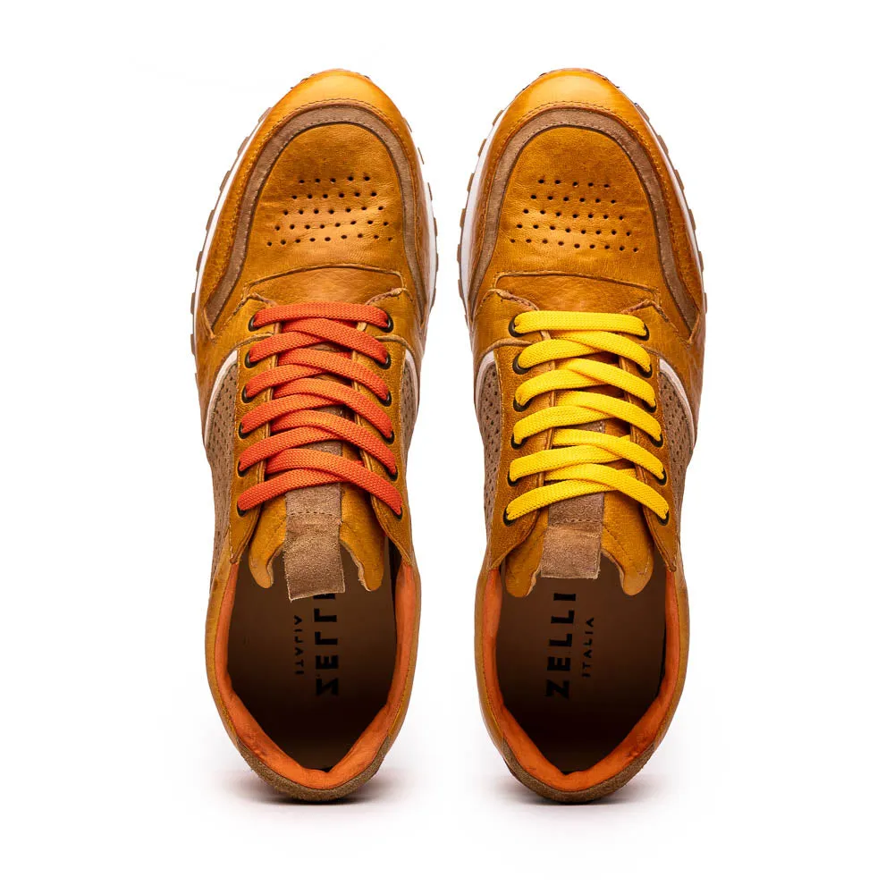 Matteo Distressed Italian Calf & Suede Perforated Sneaker in Mustard by Zelli Italia