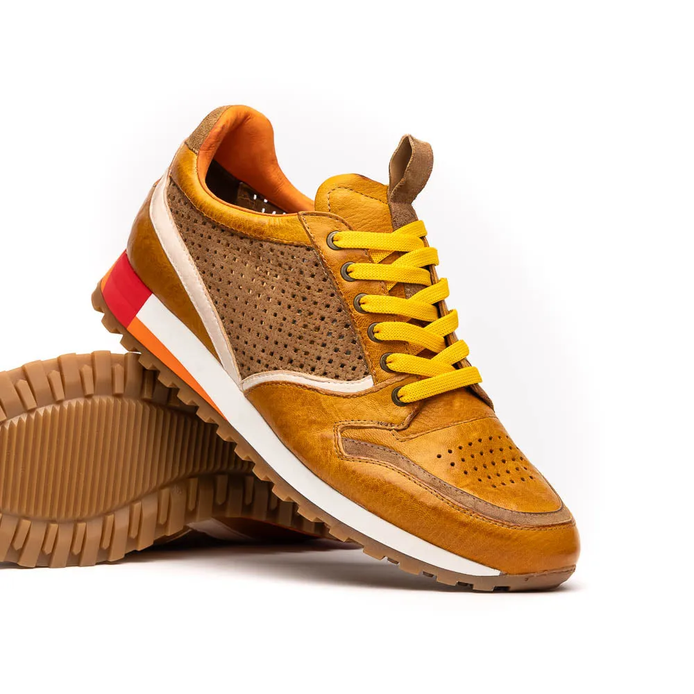 Matteo Distressed Italian Calf & Suede Perforated Sneaker in Mustard by Zelli Italia