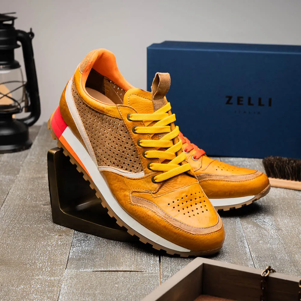 Matteo Distressed Italian Calf & Suede Perforated Sneaker in Mustard by Zelli Italia