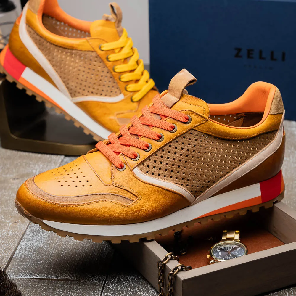 Matteo Distressed Italian Calf & Suede Perforated Sneaker in Mustard by Zelli Italia