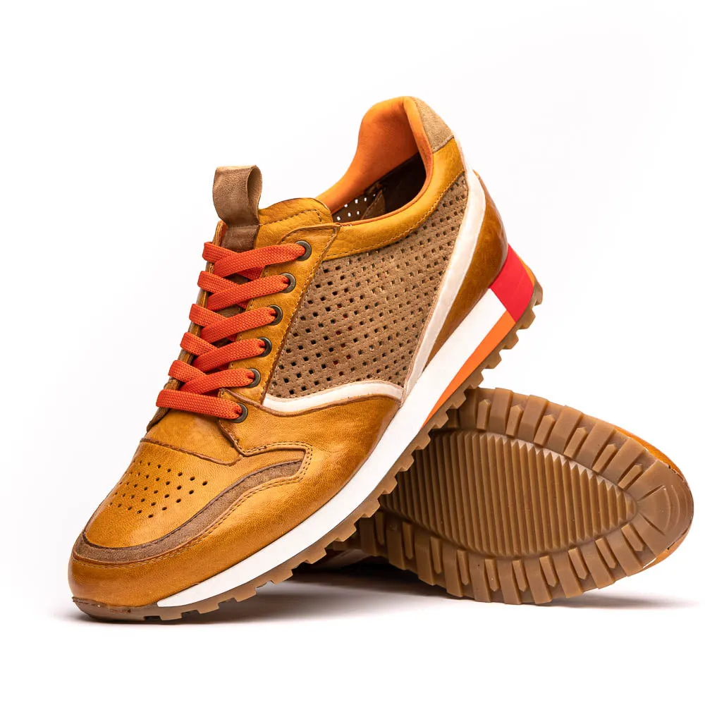 Matteo Distressed Italian Calf & Suede Perforated Sneaker in Mustard by Zelli Italia