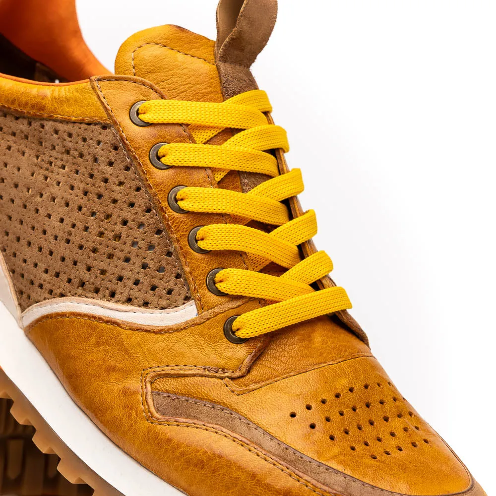 Matteo Distressed Italian Calf & Suede Perforated Sneaker in Mustard by Zelli Italia