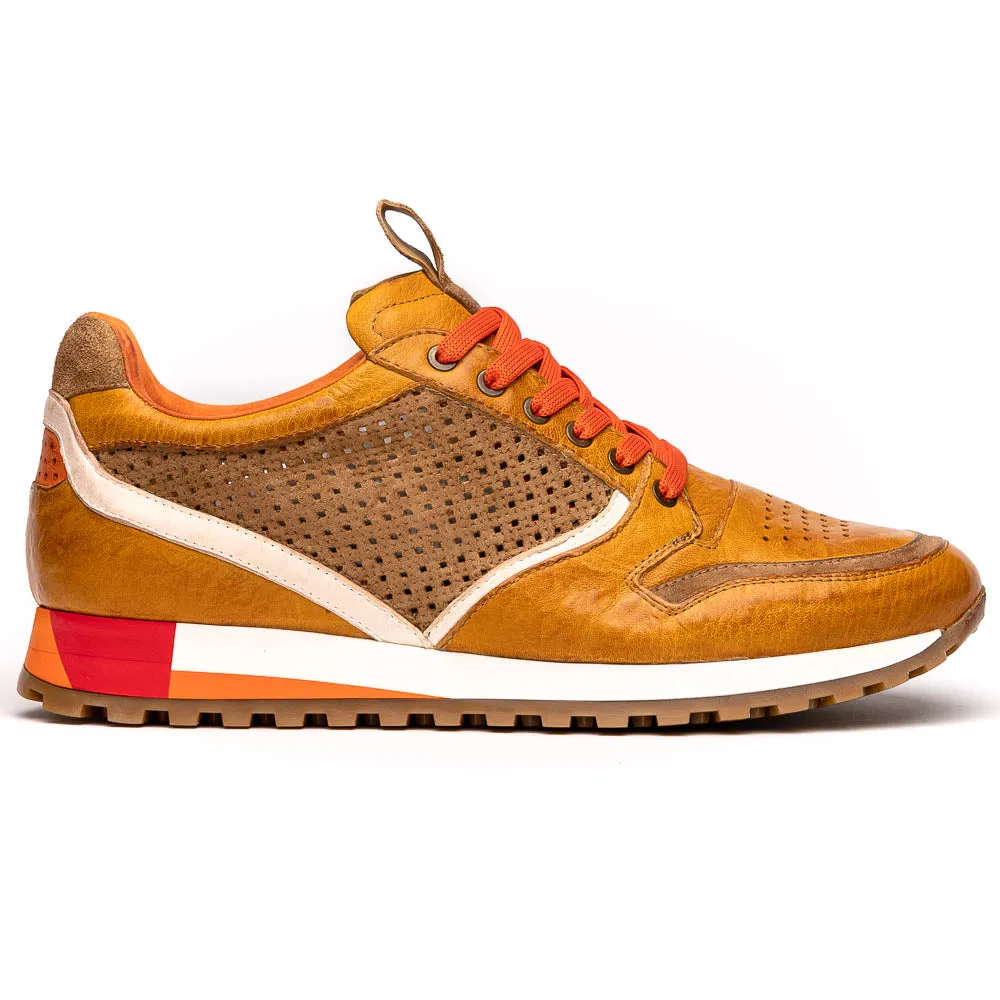 Matteo Distressed Italian Calf & Suede Perforated Sneaker in Mustard by Zelli Italia