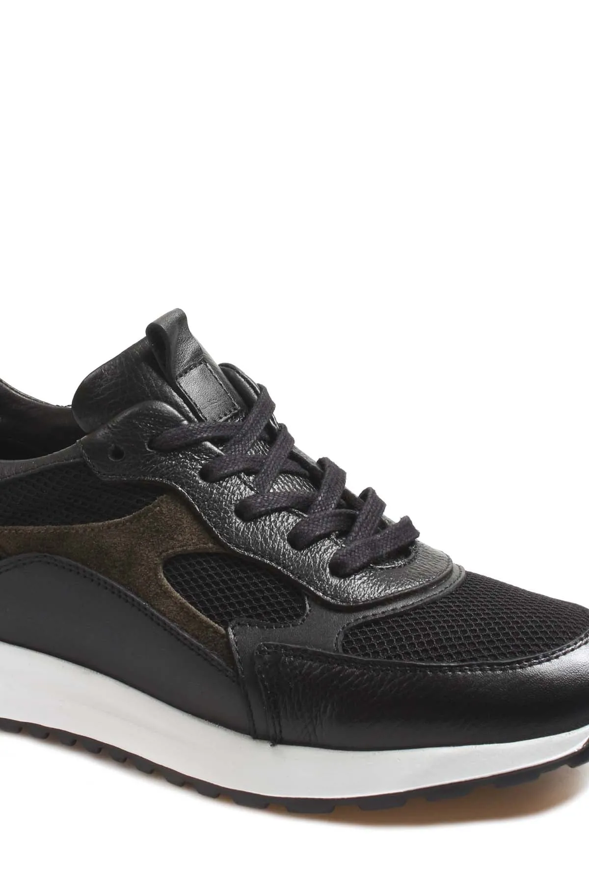 Men's Black Leather Sneakers with Mesh Panels and White Sole - Wessi