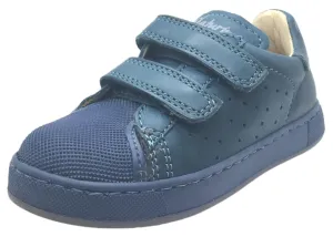 Naturino Boy's and Girl's 9102 Solid Colored Blue Perforated Leather Double Hook and Loop Sneakers