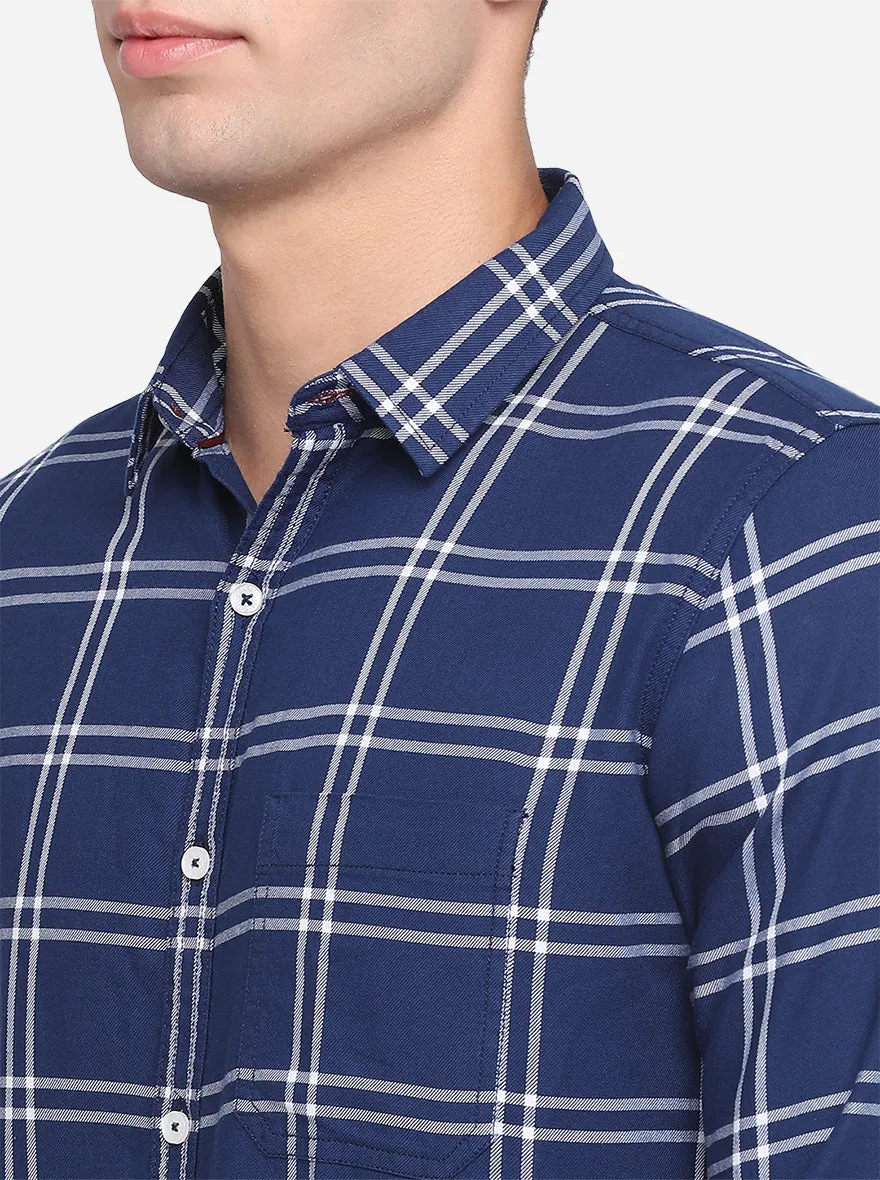 Navy Blue Checked Slim Fit Semi Casual Shirt | JadeBlue