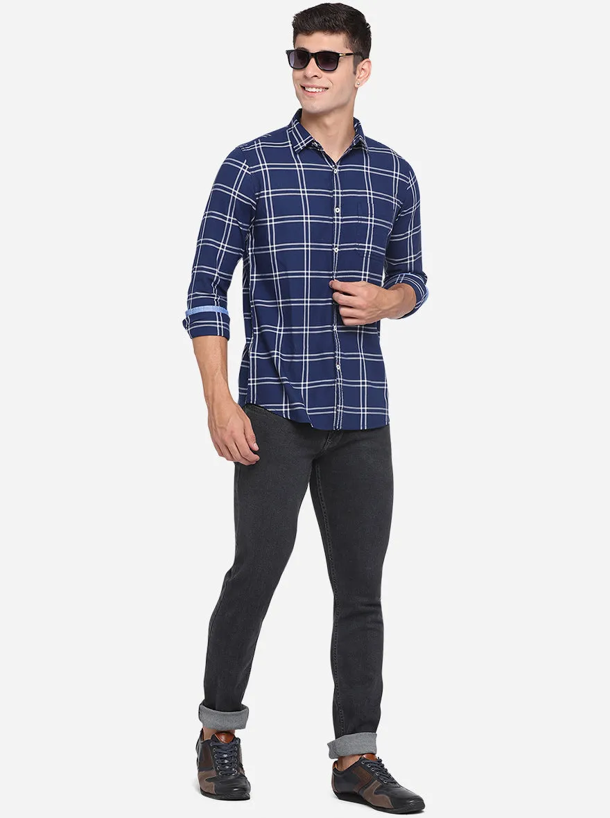 Navy Blue Checked Slim Fit Semi Casual Shirt | JadeBlue