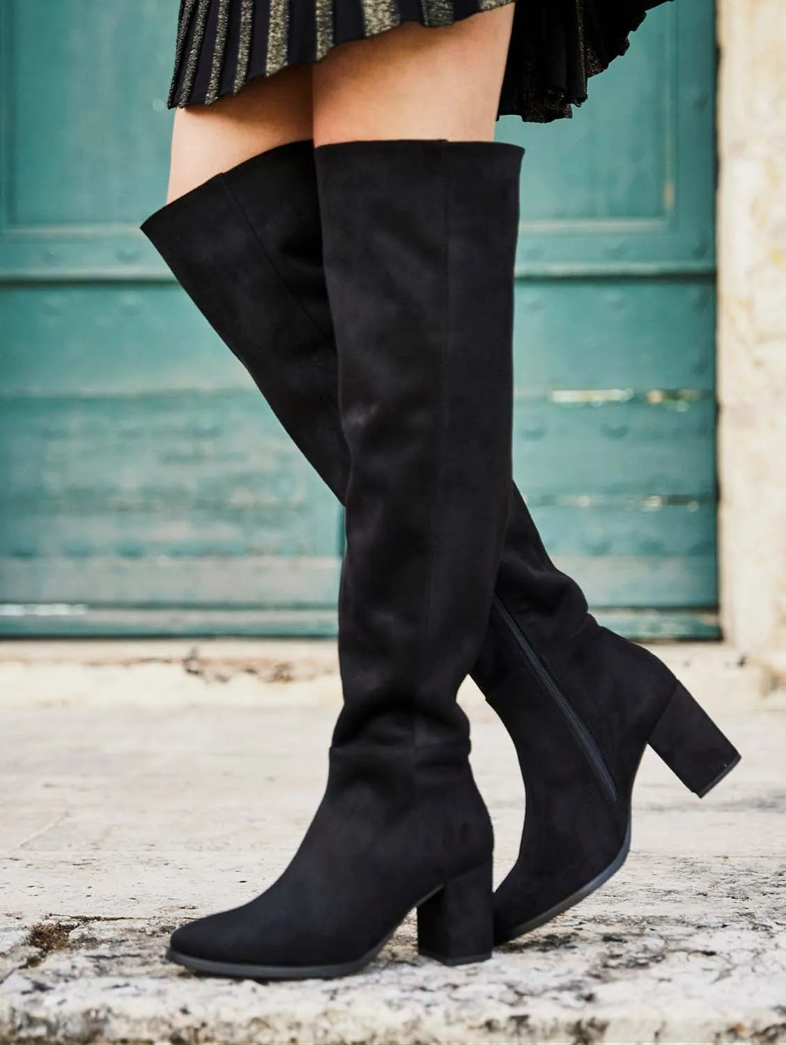 Nocturnal Recycled Vegan Suede Knee High Boots | Black