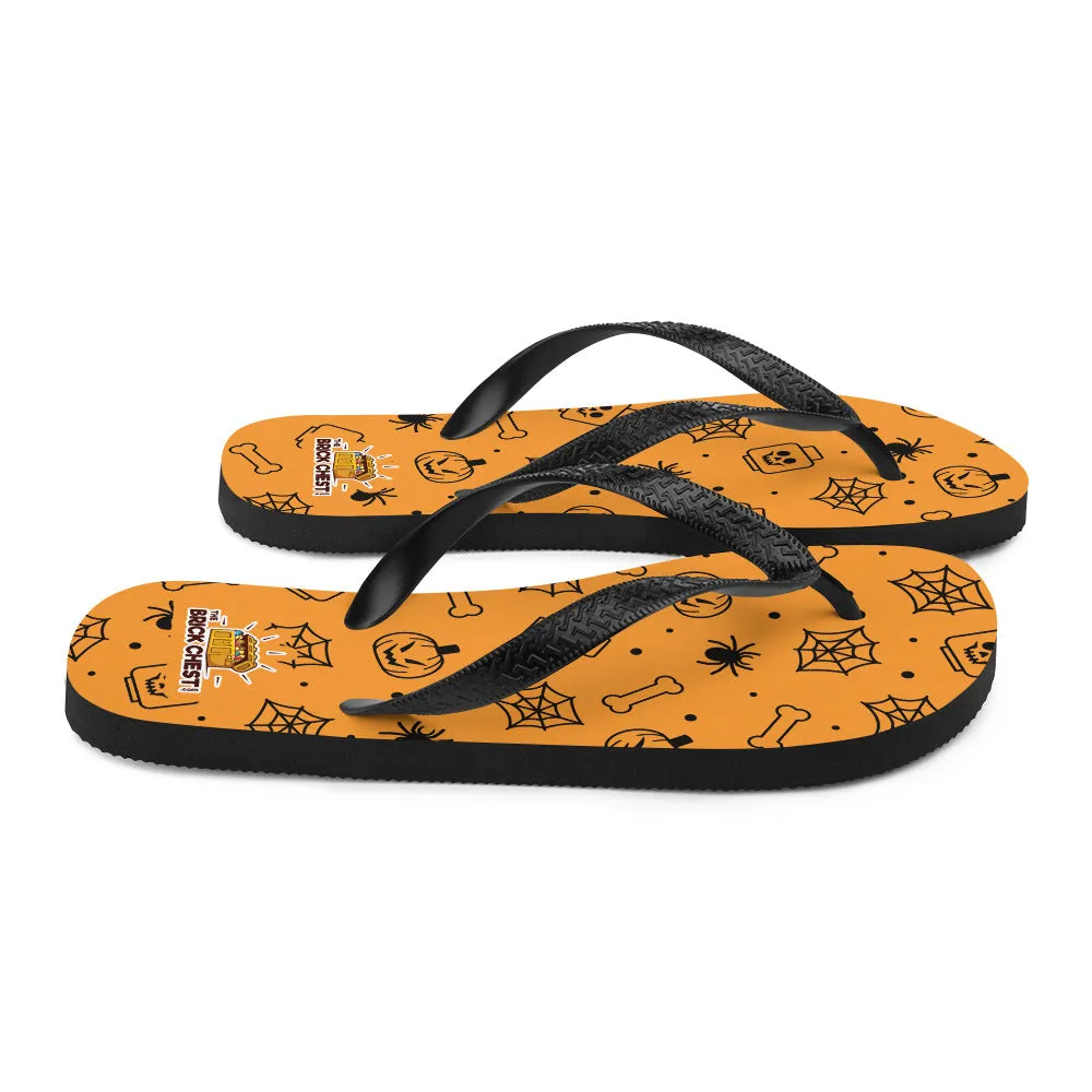 Orange Halloween Ghost Spiders Skeletons Flip Flops