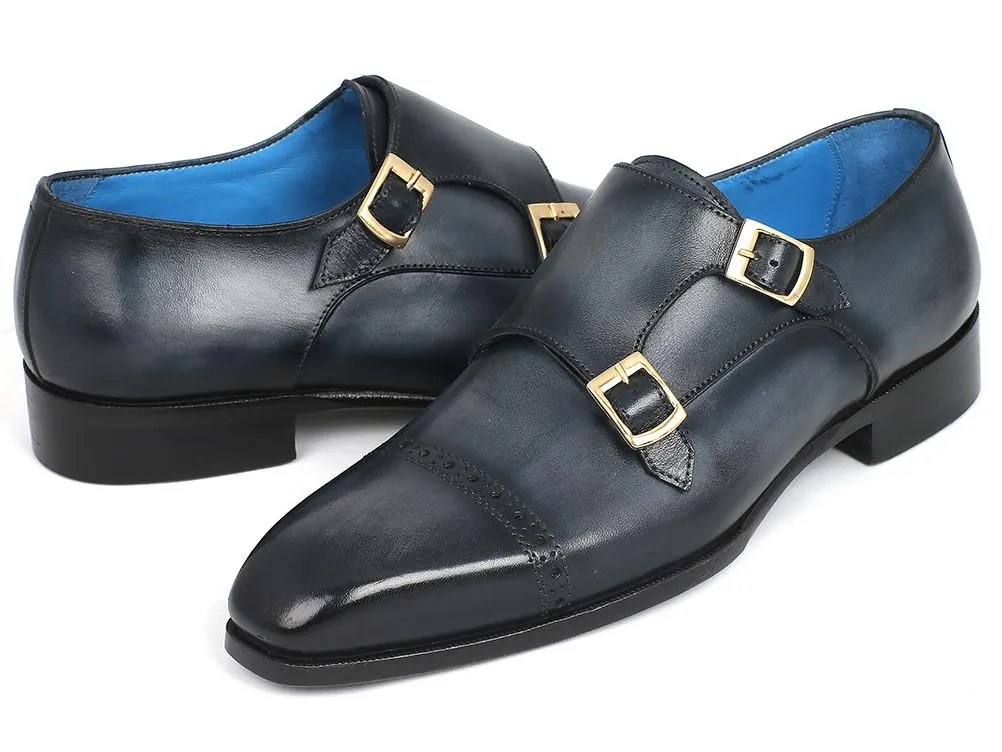Paul Parkman Captoe Double Monkstraps Navy Shoes (ID#045NVY62)