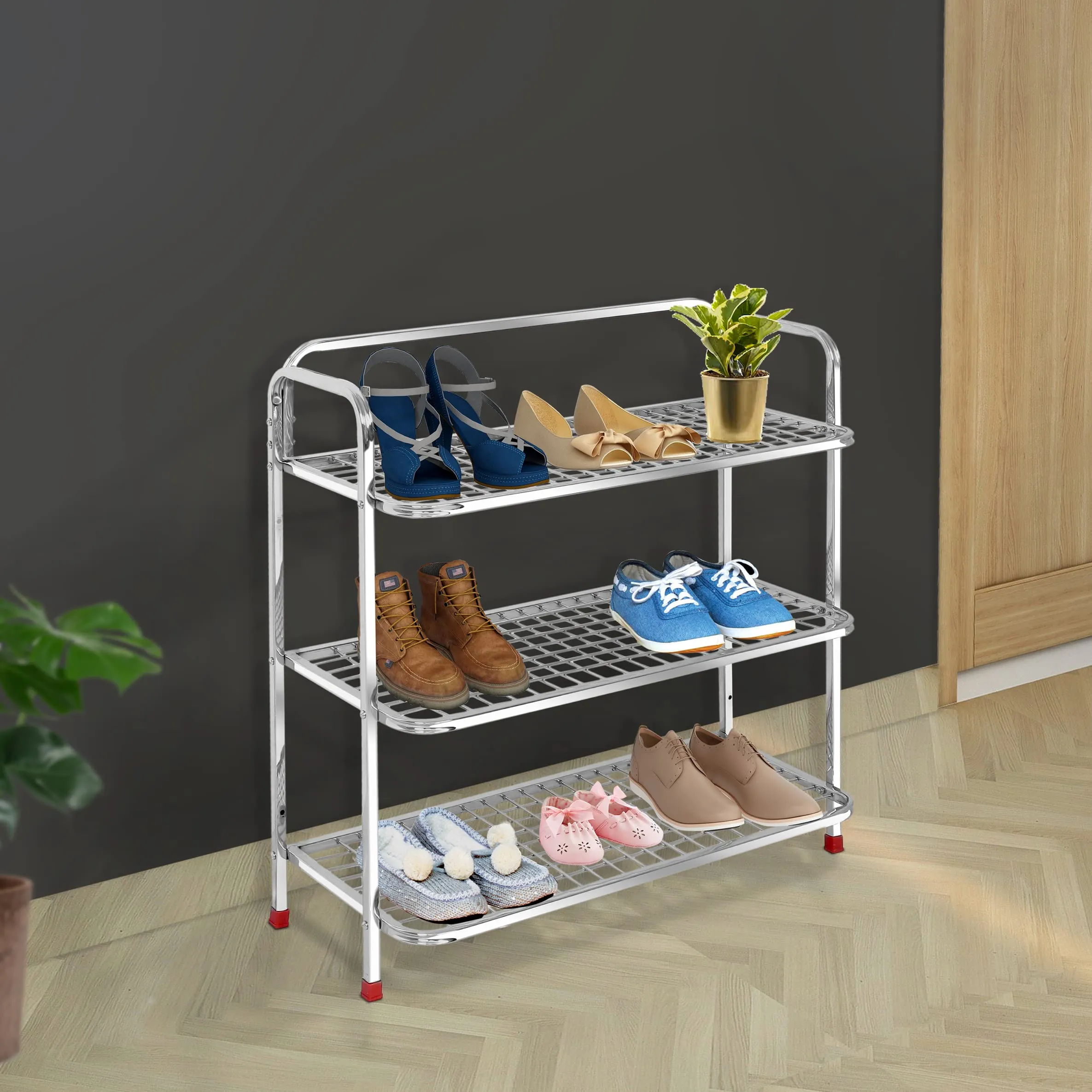 Planet Stainless Steel Shoe Rack For Home/Slipper Stand/Chappal Stand/Shoe Rack/Storage Organizer/3 Big Shelves/Wall Mount/Stand (Silver)